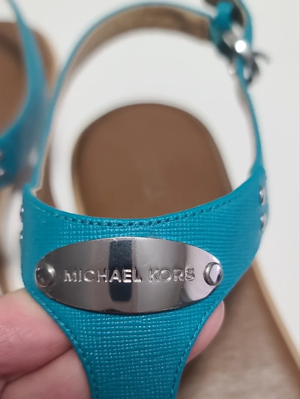 Michael Kors Turquoise T-Strap Sandals with Silver Logo Size 7.5